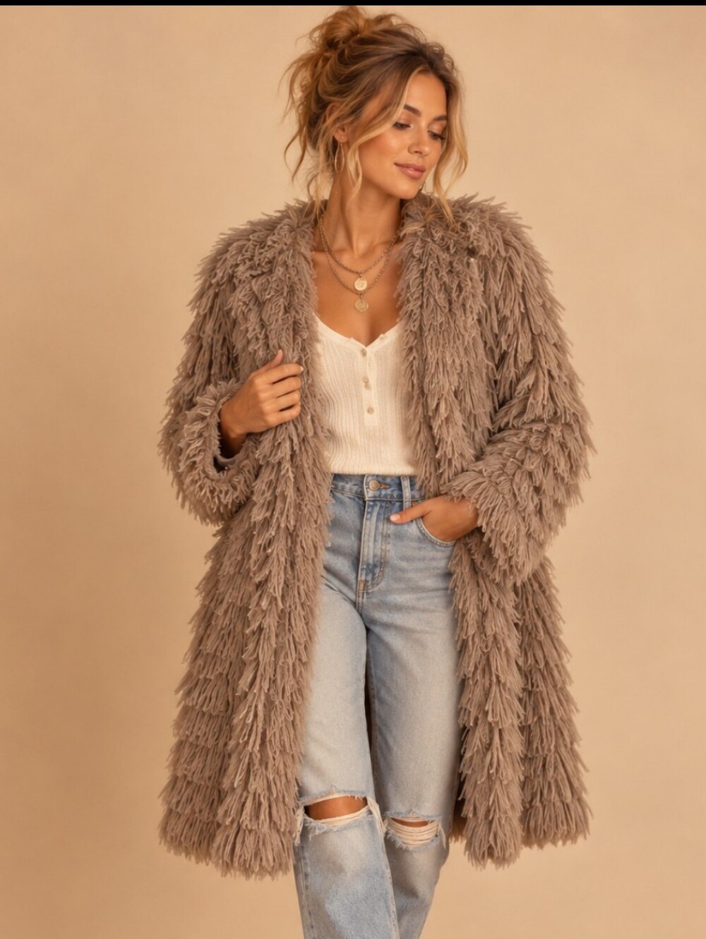PrettyGarden Shaggy Fringe Open Front Boho Cardigan Coat Lined Medium NWT